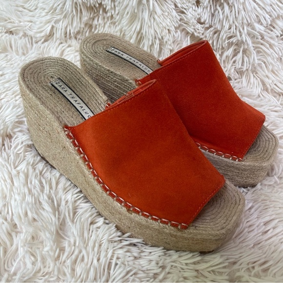 Zara orange platform slides wedges espadrilles open toe orange size 38 or 8 - Picture 1 of 9